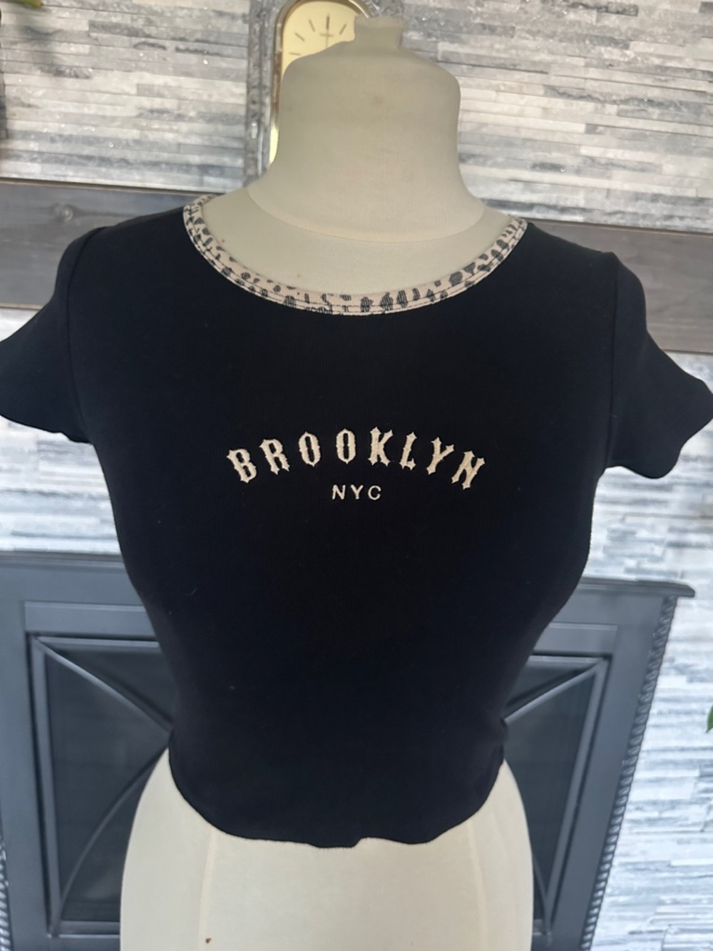 Brandy Melville John Galt Black 'Brooklyn NYC' Short Sleeve Ribbed Crop Top